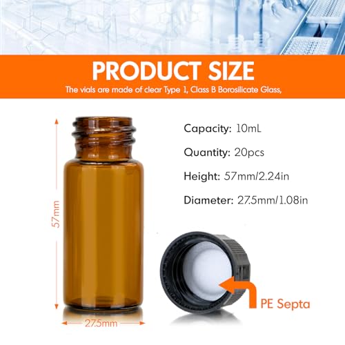 PEKYBIO 20PCS 10ML Amber Small Liquid Sample Glass Vials with Screw Caps - size: 22*52mm 10ml Vial