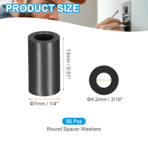 PATIKIL 50Pcs ABS Spacers 4mm ID, 7mm OD, 13mm Height Plastic Round Stud Spacer Black Nylon Washers Nut Unthreaded Rubber for M4 Screws Bolts Barrel - size: 4mm ID, 7mm OD, 13mm Height