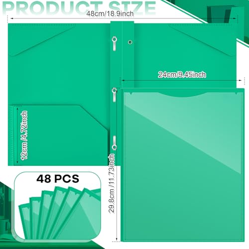Henoyso 48 Pcs Plastic Folder with Clear Front Pocket and 3 Prongs Heavy Duty Plastic Folders with Card Slot Pocket Folders with Prongs for School Office Home(Green) - color: Green