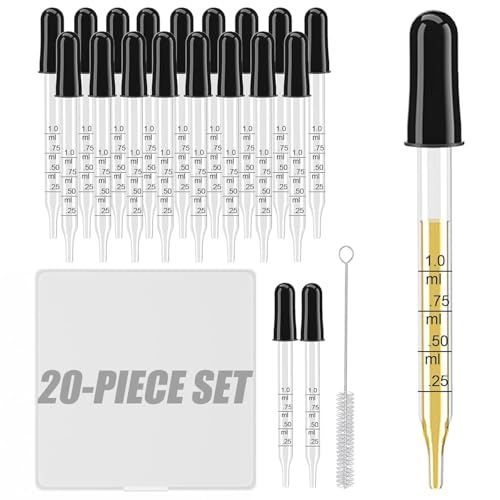 20Pcs 1ML Glass Eye Dropper Set, Storage Case & Cleaning Brush, - color: 20-Piece Set