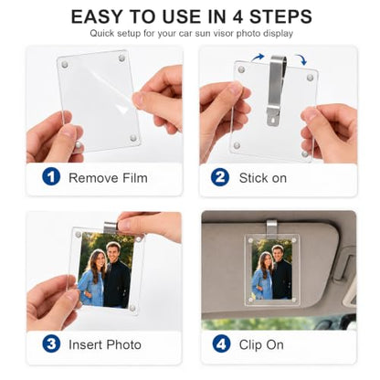 2 PCS Car Photo Holder, 3.6" x 2.4" Acrylic Auto Sun Visor Picture Frame with Clip, Magnetic Personalized Sunvisor Photo Clip Picture Display Holder for Most Vehicles - color: Straight
