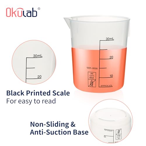 12pcs Plastic Beakers, 12pcs of Vol.30ml Lab Beakers Plastic Measuring Cup, PP Material, with Black Printed Graduation,BKLP25A12