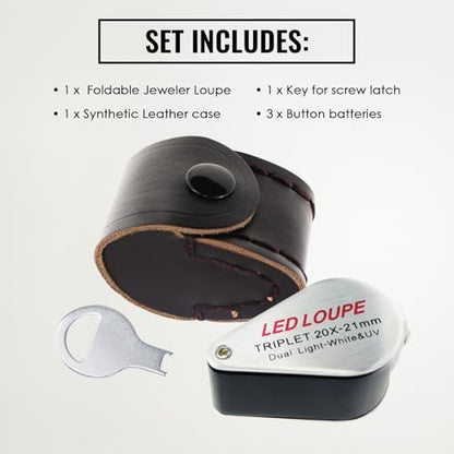 20x Foldable Pocket Magnifier Jewelers Loupe with UV and LED Light for Jewelry, Rocks, Coins, and Antiques - Illuminated Magnifying Tool for Eye, Stamps, Watches, Hobbies, and Gems - color: 20x Magnification