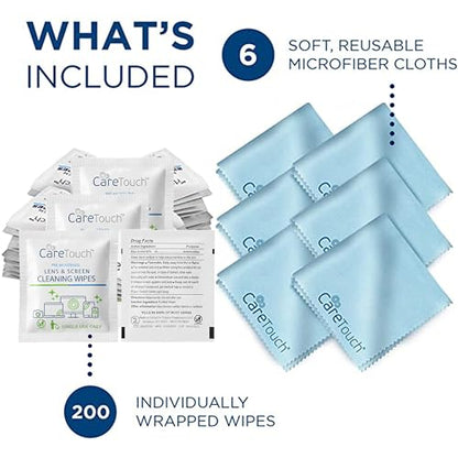 Care Touch Lens Cleaning Wipes with Microfiber Cloths - 200 Lens Wipes for Eyeglasses & 6 Microfiber Cloths - Glasses, Camera Lenses, Screens, Eye Glasses Cleaner for Cleaning Eyeglasses (Pack of 2) - size: 206 Piece Set (Pack of 2)