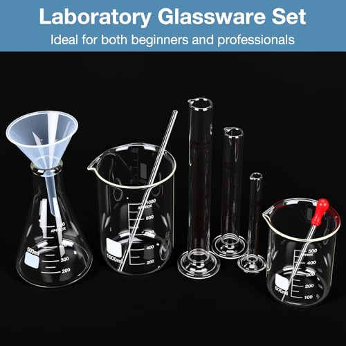 Tallew 9 Pcs Lab Glass Beaker Set Includes Glass Graduated Cylinder 500ml 1000ml Erlenmeyer Flask 500ml Graduated Cylinder Set 10ml 50ml 100ml with 1 Droppers 1 Stirring Rods Plastic Funnel
