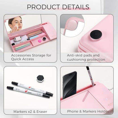 TOWON Glass Desk Whiteboard 17x6 in, Wireless Charger and Storage, Pink - color: Charger Pink