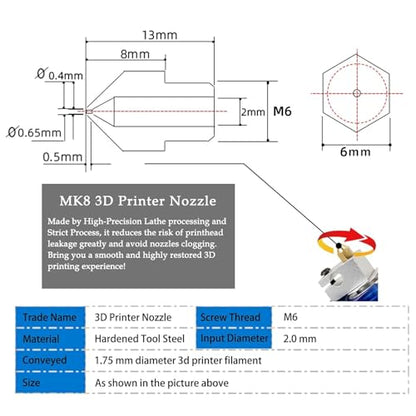 MK8 Nozzles Hardened Steel 3D Printer Extruders Nozzles - size: MK8 Hardened Steel, style: Part: Various Nozzles