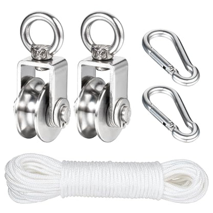 Stainless Steel Small Pulley M25, 20m Nylon Rope and 2pcs Clips for Outdoor DIY Pulley System, Bird Feeder, Sun Shade, Tent Poles, Kayak - size: 20m