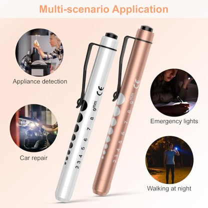 RISEMART Pen Lights for Nurses, 2Pack Reusable Medical Pen Light with Pupil Gauge and Ruler, White Light LED Penlight for Nurse Student Doctors EMT (Gold/White) - color: Gold and White