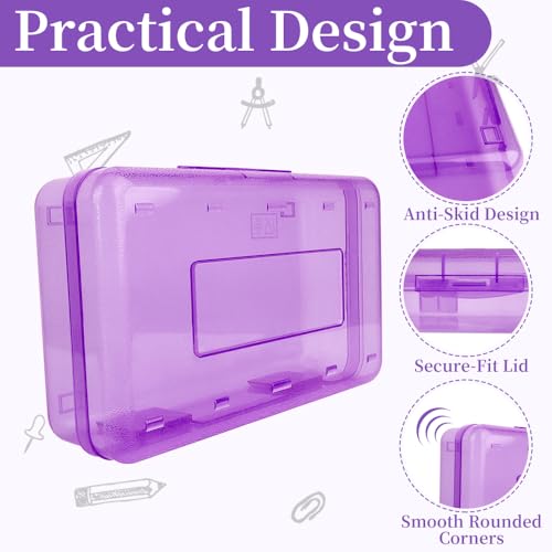 Pencil Box, Clear Pencil Case, Large Capacity Plastic Hard Pencils Case Crayon Box with Snap-Tight Lid Stackable for Kids Adult Student Pens Pencils School Supplies Storage Office Supplies, Purple - color: Purple