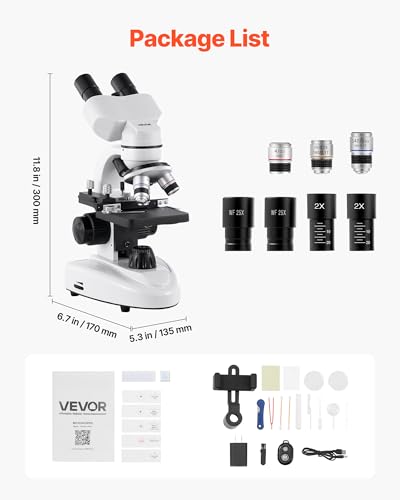 VEVOR Compound Binocular Microscope, 40-2000X Magnification, Professional Compound Microscope for Adult with Phone Adapter, LED Light, Aluminum Alloy Body, for Lab, School, Home, Education - size: 40-2000X
