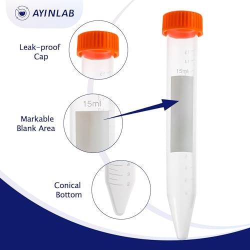 Conical Centrifuge Tubes 15mL, AyinLab Conical Tubes 50pcs, Polypropylene Plastic Test Tubes with Leak-Proof Screw Caps, Graduated and Write Marks, Non-pyrogenic and DNase/RNase Free - size: 15ML-50PCS