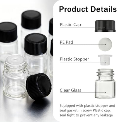 50pcs 1ML 1/4 Dram Mini Clear Glass Essential Oils Vial Small Sample Bottles with Black Caps for Essential Oils Chemistry Lab Chemicals Colognes Perfumes Pipette droppers as Gift