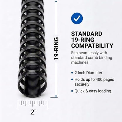 Performore 50 Pack of Plastic Comb Binding Spines, Black 19 Ring Binding Combs, Durable Binding Supplies for Reports, Presentations, Manuals, Proposals, School & Office Documents (2 Inch) - size: 2 Inch