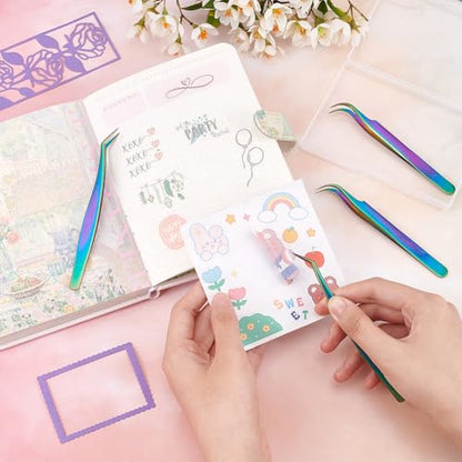 UNICRAFTALE 4pcs 2 Styles Stainless Steel Curved Pointed Craft Tweezer Rainbow Eyelash Tweezers Clips Sticker Picking Tool Tweezer for DIY Craft Precision Tweezers Jewelry Making - color: Rainbow-2 Styles