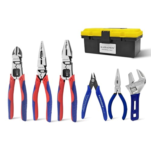 KAIHAOWIN 6-Piece Tool Set with Case, 8.8” Long Nose, 8.8” Linesman, 8” Diagonal, 6“ Adjustable Wrench, 5” Needle Nose, 5" Flush Cutter for Repairing & Home Use