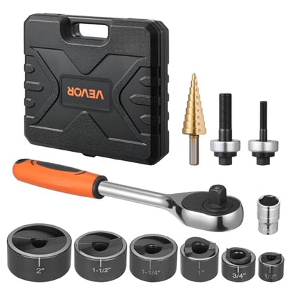 VEVOR Knockout Punch Set, 1/2 to 2 inch SLUG-Buster Ratchet Knockout Set, Ratchet Wrench Knockouts Punch Sets for Aluminum, Mild Steel, Fiberglass, Plastics, 6 Die Sizes, 40Cr Steel Ko Tool Kit - style: 1/2 to 2 inch SLUG-Buster Ratchet Knockout Set