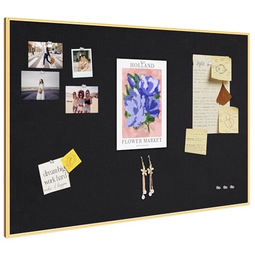 Fabric Bulletin Board 30x20 inches, Golden Aluminum Framed Wall Pin Board - color: Black Fabric & Golden Frame, size: 29.5" x 19.7"