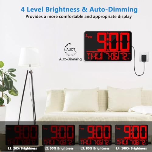 13" Bluetooth Auto Sync Wall Clock - Large Digital Alarm Clock with Remote - style: Red Numbers