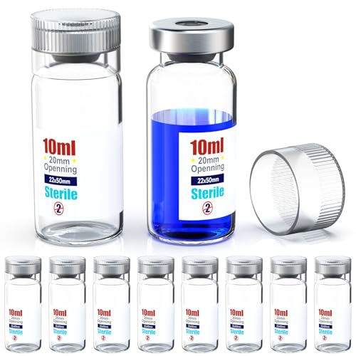 Biomed Solutions Sterile Empty Vial with Reusable Plastic Cap,Ready to Fill Glass Containers, Liquid Injection Bottle Sealed with Self Healing Injection Port (10ml Clear 10pcs) - size: 10ml Clear 10pcs
