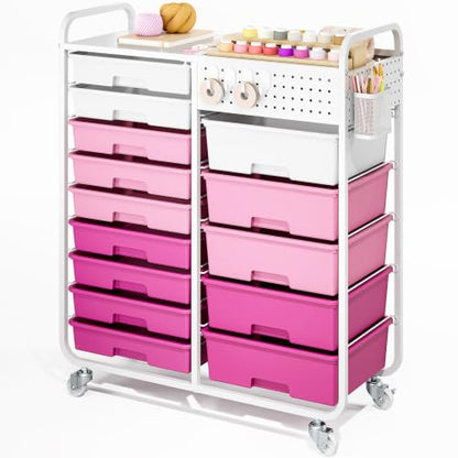 14 Drawer Rolling Storage Cart with Tabletop and Pegboard for Crafts Pink - color: Pink