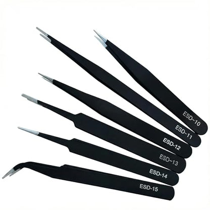 6-Piece Precision Tweezers Set, ESD Tools for Electronics Repair and Crafts