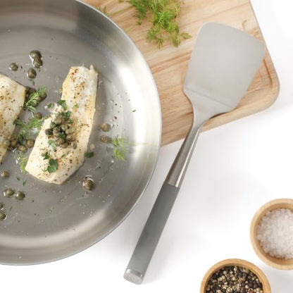Calphalon Edge Solid Turner, Cooking Spatula, Kitchen Spatula, Stainless Steel Turner with Silicone Heat Resistance Handle, Nonstick-Safe Spatula with Ergonomic Handle (Taupe) - color: Taupe I, size: Turner