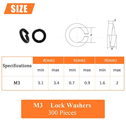 HELIFOUNER 300 Pieces 8.8 Grade Alloy Steel M3 Split Lock Washers, Spring Lock Washers for Screws Bolts, Black - color: Black, size: M3 (300 PCS)