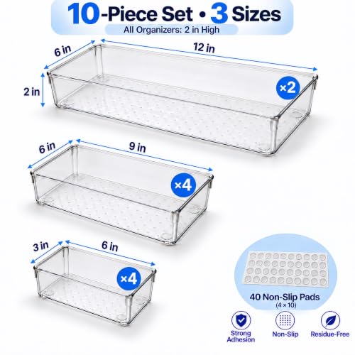 10 Pack Large Clear Drawer Organizer Trays, 3 Sizes, Non-Slip - size: 10 Pack