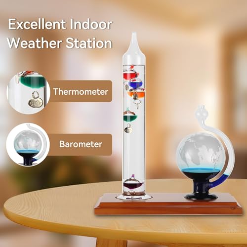 Lily's Home Galileo Thermometer with Etched Glass Globe Barometer 64ºF–80ºF, A Timeless Design with Wood Base, Gift for Friends and Family, Holiday Gift, Indoor & Outdoor Home Décor (9 in x 12 in) - style: Glass Globe Barometer