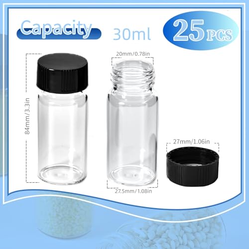 25 PCS 30ML Clear Small Liquid Sample 27.5 * 84mmGlass Vials with Screw Caps, Leak-Proof Vial, Black Screw Cap with PE Liners - size: 30ML
