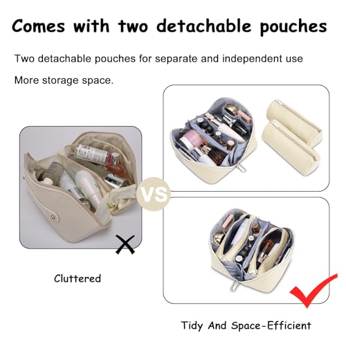 BOYATU Travel Makeup Bag Organizer Cosmetic Bag: 3 Pcs Set Make up Bags for Women with Handle - Waterproof Vegan Leather Toiletry Bags Travel Essentials Pouch with Compartments (C-04-White) - color: 04-B-White