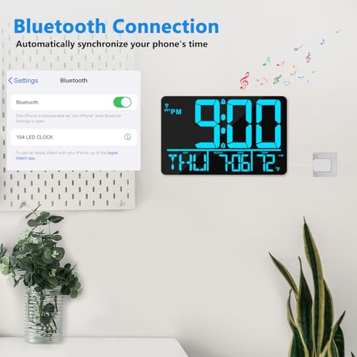13" Bluetooth Auto Sync Wall Clock - Large Digital Alarm Clock with Remote - style: Blue Numbers