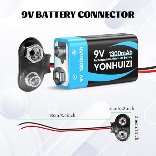 2-Pack 1300mAh Rechargeable 9V Batteries, 9 Volt Lithium-ion Square Battery Long Lasting Power+Clip Connector and Storage Box for Smoke Alarms, Student Experiment or Other Equipment - size: 2Pcs