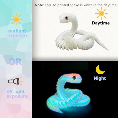 3D Printed Animals Set 3D Printed Snake Toys 3D Printed Articulated Flexible Fidget Toy 3D Printed Animals Exquisite Cute Pet Toy Children/Adults Fidget Toys (Fluorescent Candy, 23.6) - color: Fluorescent Candy, size: 23.6
