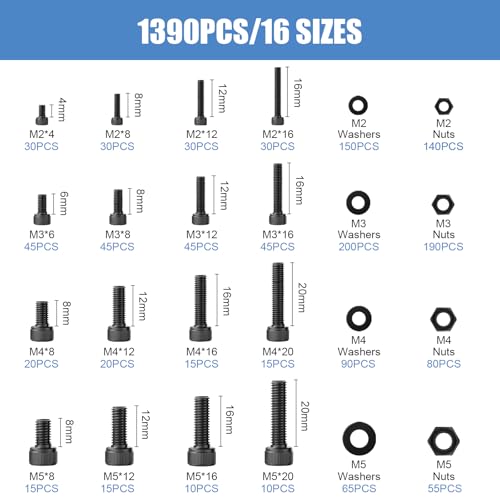 1390PCS 16 Sizes M2 M3 M4 M5 Metric Screw Assortment - size: M2-M3-M4-M5-1390PCS