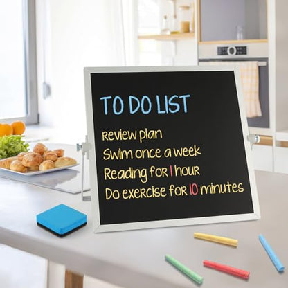 Small Magnetic Chalk Board Easel 10"X10", Double-Sided Tabletop & Wall Hanging Chalkboard with 4 Chalks & Eraser, Desktop Mini Black Board Sign for Office Desk Home Menu and School - size: 10" x 10"