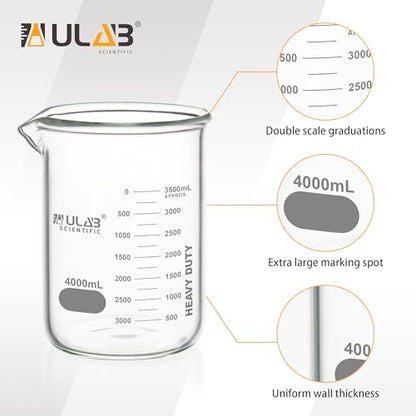 ULAB Heavy Duty Glass Beakers, Vol.4000ml (135oz), Borosilicate 3.3 Glass, Thick Wall Beakers, with Double Scale, Superior Durability & Chemical Resistance, UBG1067 - style: 1pc of Vol.4000ml