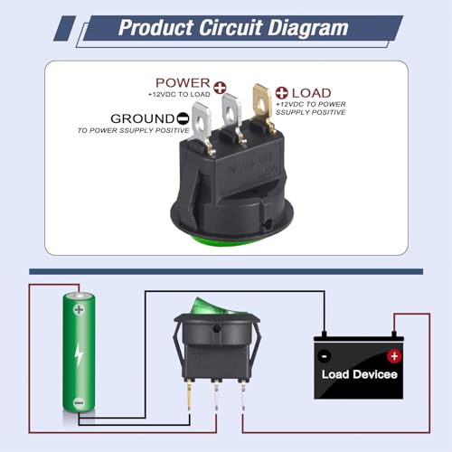VEXUNGA Round Rocker Switch 12V 20A Green Light Iluminated Small Rocker Switch On Off 3 Pin Circle Square Toggles Switches for RV Car Truck Boat (Pack of 5pcs) - style: 5Pcs 3 Pin ON/OFF - Green