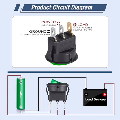 VEXUNGA Round Rocker Switch 12V 20A Green Light Iluminated Small Rocker Switch On Off 3 Pin Circle Square Toggles Switches for RV Car Truck Boat (Pack of 5pcs) - style: 5Pcs 3 Pin ON/OFF - Green