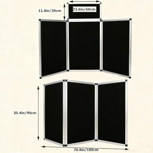 3+1 Panel Trade Show Presentation Board 70.8“ x 35.4” Black Trifold Poster Board Folding Exhibition Display Boards Double Sided Tabletop Display with Storage Bag Hook & Loop-Receptive Fabric
