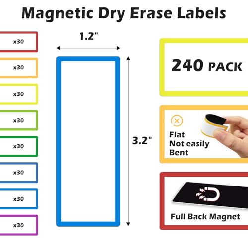 TOTiyea 240Pack Dry Erase Magnetic Labels,3.2"x1.2" Strong Magnetic Backing - color: Assorted Color, size: 3.2x1.2, 240Pack