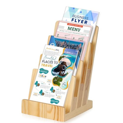4 Tier Pine Wood Brochure Display Stand 6 x 9 inch Brochure Holder Pamphlet Display Stand for 5.5 x 8.5 inch 5 x 7 inch Booklets Menus Postcard Holder Multi Purpose Organizer - color: Wood Color Pine