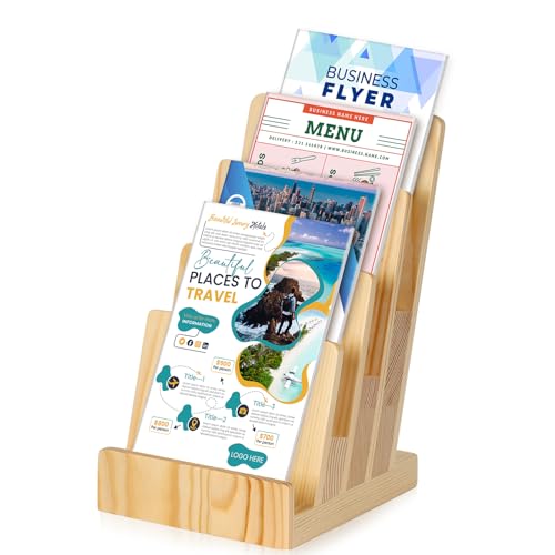 4 Tier Pine Wood Brochure Display Stand 6 x 9 inch Brochure Holder Pamphlet Display Stand for 5.5 x 8.5 inch 5 x 7 inch Booklets Menus Postcard Holder Multi Purpose Organizer - color: Wood Color Pine