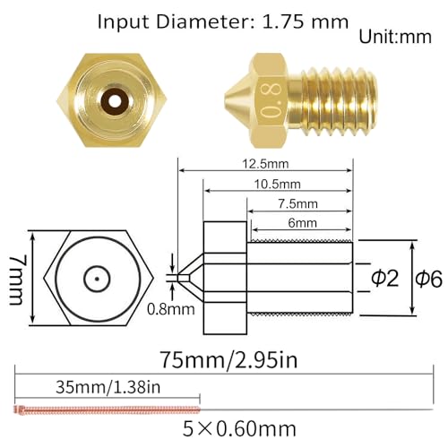 Aokin 10 Pcs 0.8mm Extruder Nozzles 3D Printer Brass Nozzles for E3D V5 V6 and 5 Pcs 0.6mm Stainless Steel Nozzle Cleaning Needles for 1.75mm Filament 3D Printer - color: 0.8mm