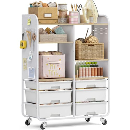 APEXCHASER 6 Drawers Rolling Storage Cabinet with Wood Top& Pegboards White - color: White