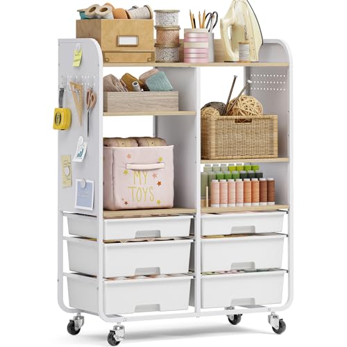 APEXCHASER 6 Drawers Rolling Storage Cabinet with Wood Top& Pegboards White - color: White