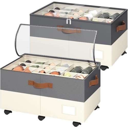 Foyego 2 Pack Shoe Organizer for Closet, with Wheels, Beige and Grey - color: Gray and Beige, size: 25 ½"L x 17"W x 12 ½"H-2 Pack