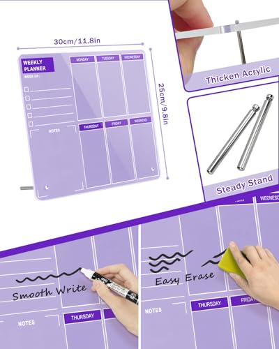 Desktop Thickened Acrylic Dry Erase Board, Weekly White Board with to Do List, Tabletop Whiteboard with Stand, Frameless Dry Erase Purple Board，9.8"x11.8" for Office, Home, School(Desktop-PUR-2530) - color: Purple, size: 12"W x 9.8"H