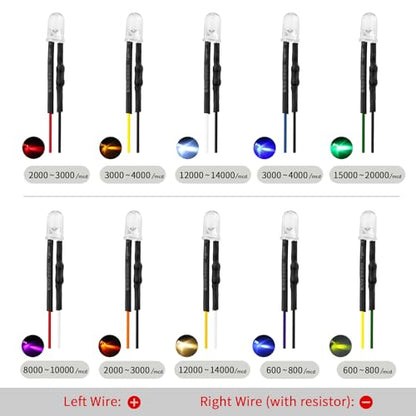 DiCUNO 200Pcs (10 Colors × 20Pcs) 5MM Pre Wired 12V LED Diodes, 9.4" Lead - color: 10 Colors * 20 Pcs